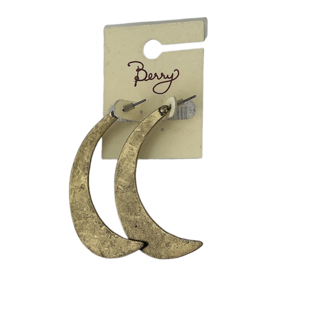 Berry Large Moon Shaped Earrings Brass Gold Tone - New